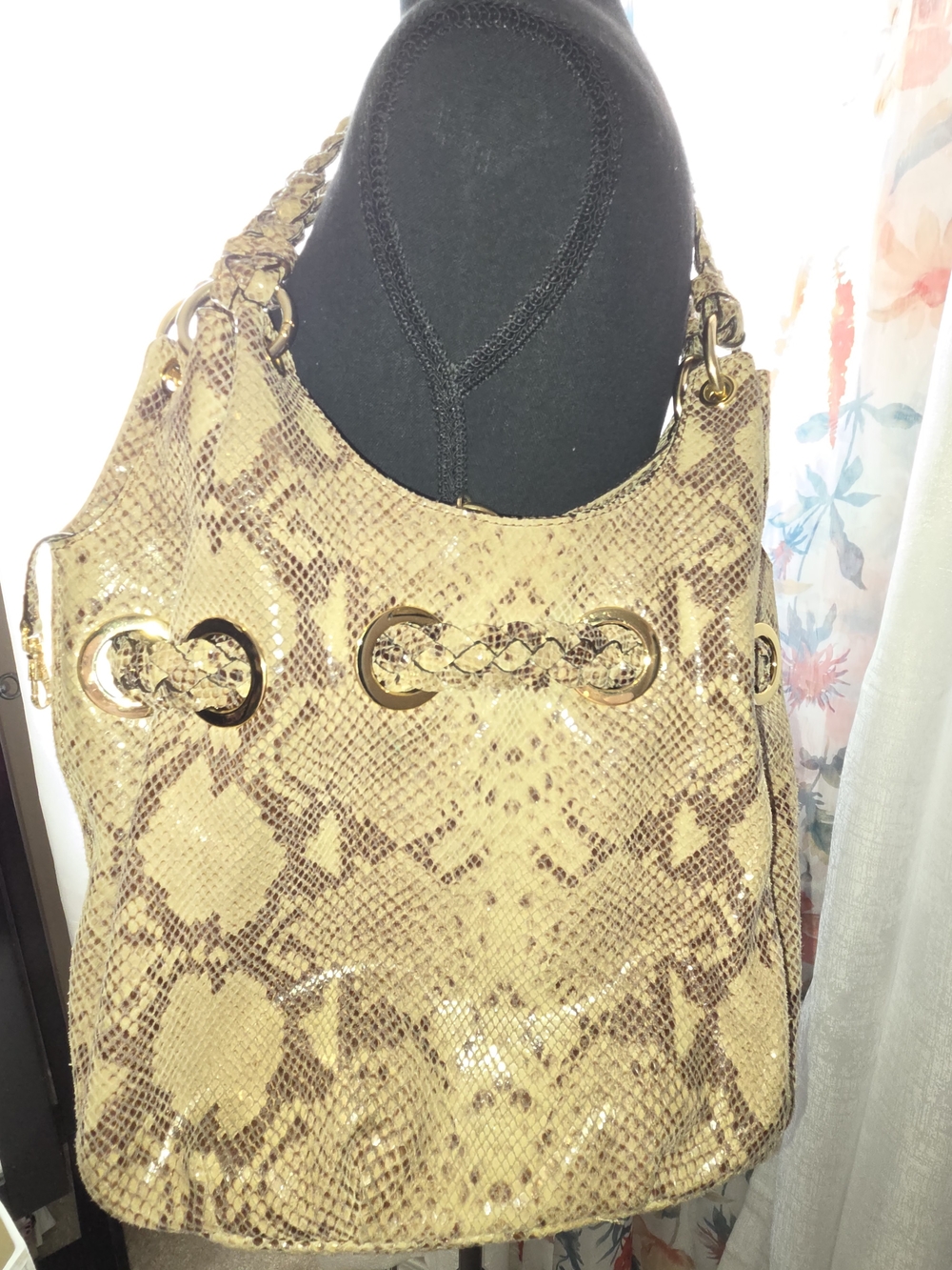 Michael Kors Taupe Snakeskin-Print Shoulder Bag with Tassel - Picture 13 of 13